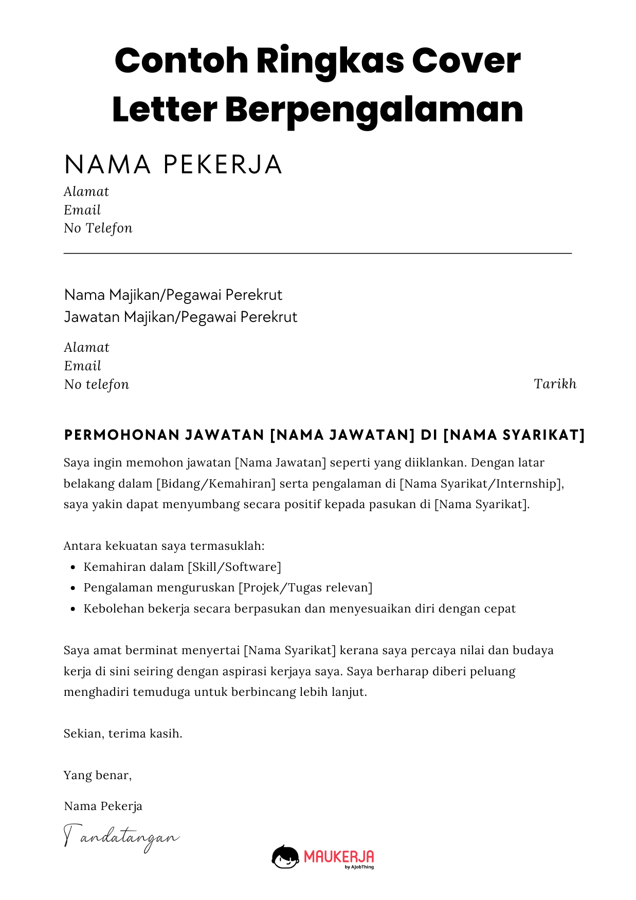 Contoh Ringkas Cover Letter Berpengalaman
